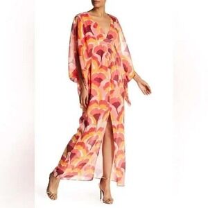 TRINA TURK Silk Maxi Kaftan Dress Blossom Floral Orange Pink V Neck Slit Size 14